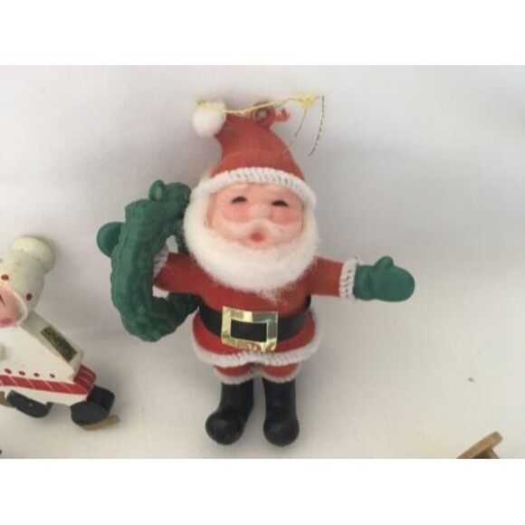 Vintage Christmas Decorations Flocked Santa, Wooden Ornaments, Wreath - Picture 5 of 5
